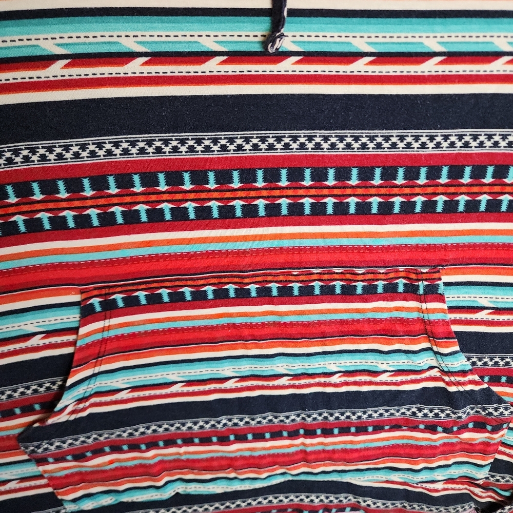 Rock & Roll Denim Aztec Red Blue Striped Loghtweight Hooded Pullover Size XL - Picture 6 of 10